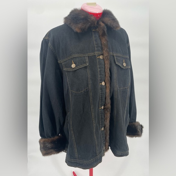 Dennis Basso (Faux) Fur Trimmed Dark Wash Denim Jacket Plus Size - Picture 3 of 16